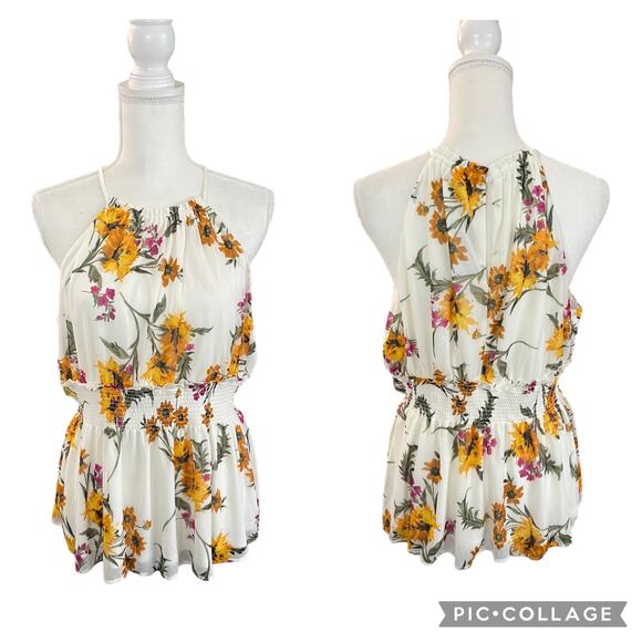 Express Tops - Express Floral High Neck Smocked Peplum Keyhole Back Top Size Large New with tag